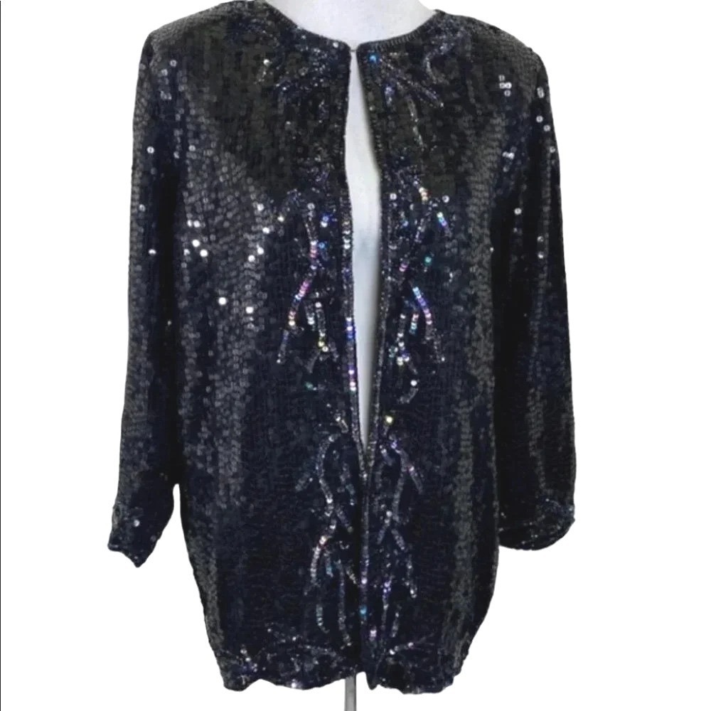 VTG Style n Design Sparkly Sequin Embellished Open Front Evening Jacket Black